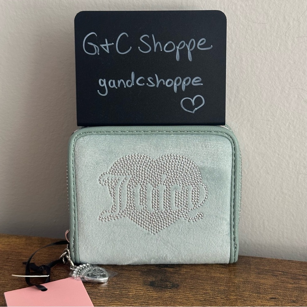 NWT Juicy Couture Queen Couture Sage Blue Wallet Cardholder Pouch Zip Silver